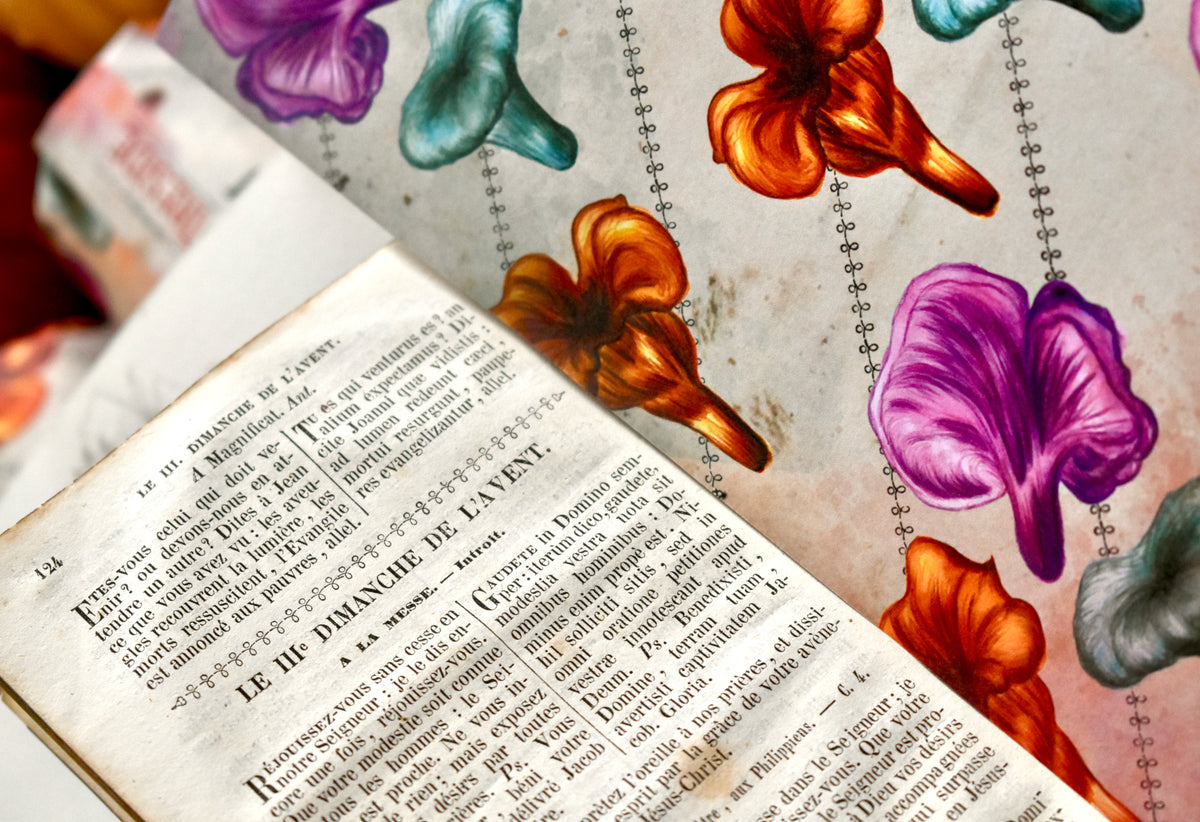 An open vintage book with printed French text on one page and a floral illustration on the other, featuring purple, orange, teal, and pink flowers on a warm aged-paper background.