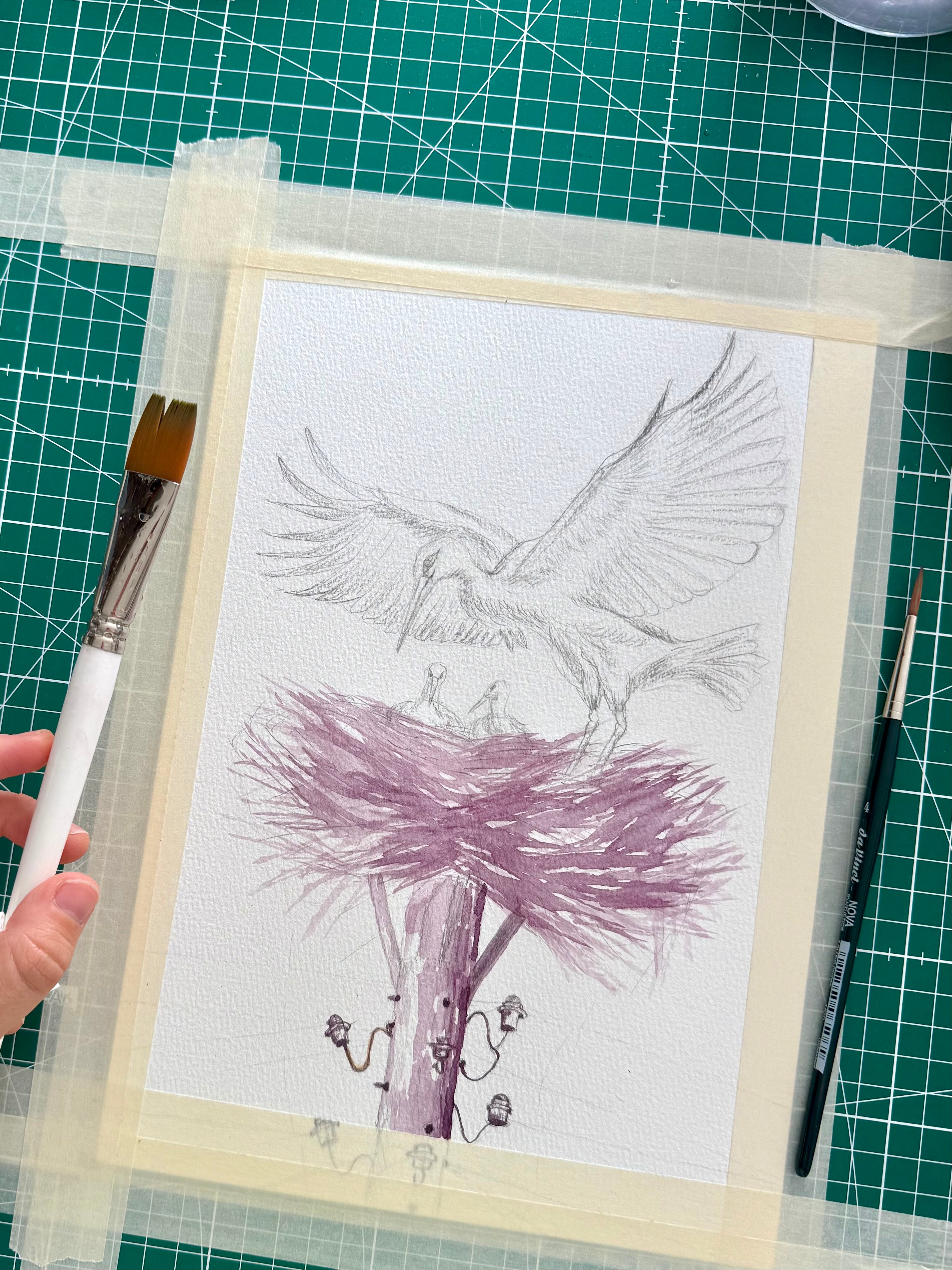 the nurturing stork: watercolor art print