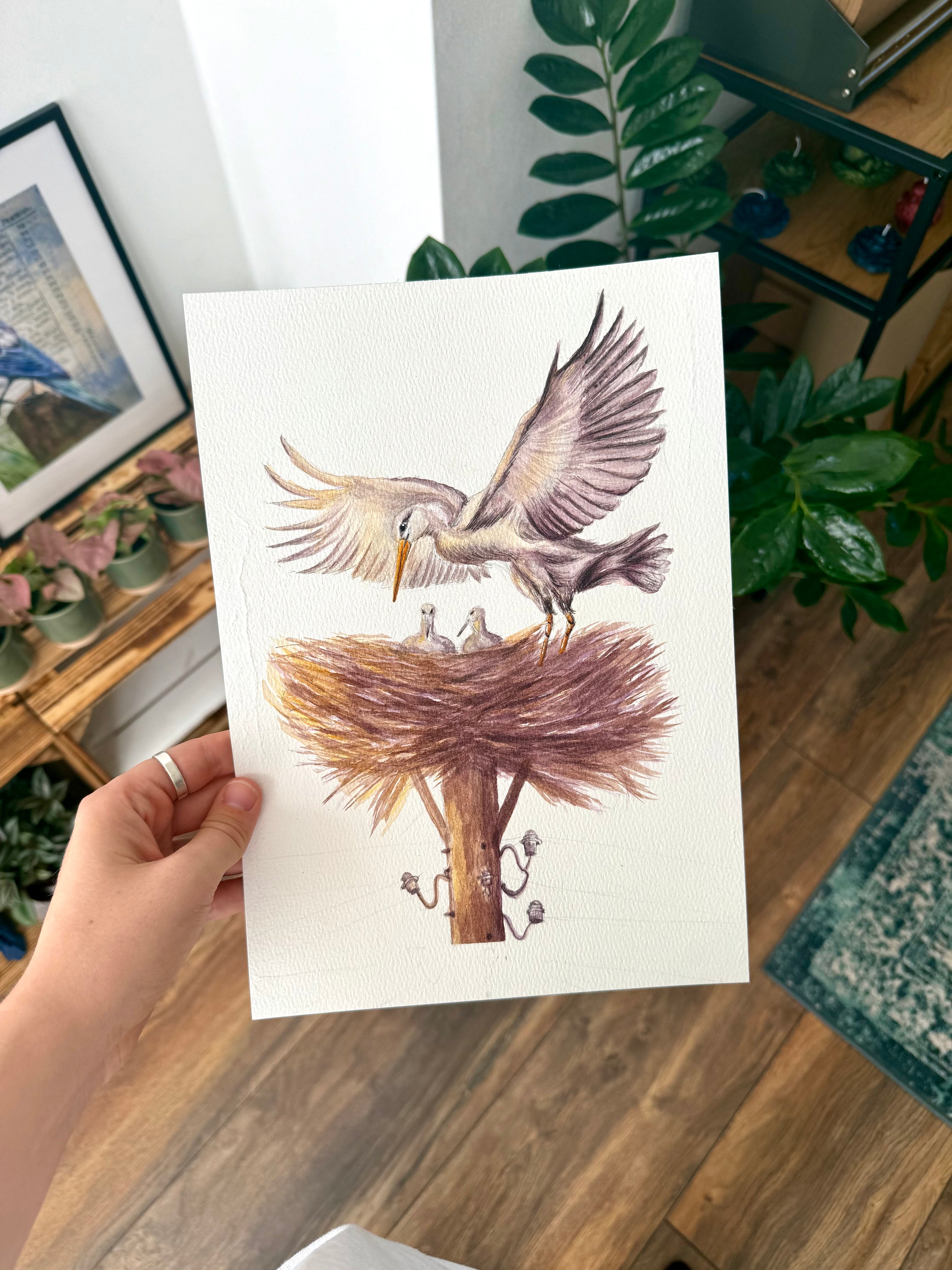 the nurturing stork: watercolor art print